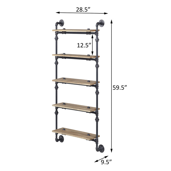 English Elm Oak 5-Tier Rustic-Industrial Wall Shelf With Sandy Black Metal Frame For Stylish Home Storage Solutions B062P184603
