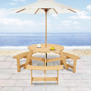 English Elm Outdoor 6 Person Round Picnic Table Set With 3 Benches, Umbrella Hole, Durable Design For Patios W2275P149762-GIGA