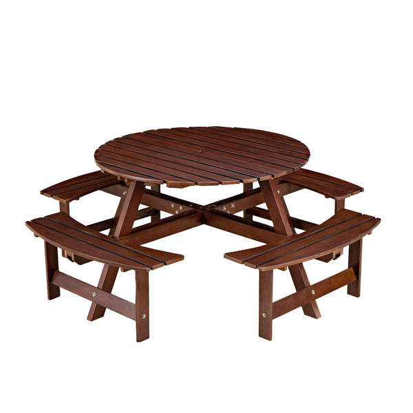 English Elm Outdoor 8-Person Round Picnic Table With Built-In Benches, Umbrella Hole & Waterproof Finish For Gardens W2275P149765-GIGA