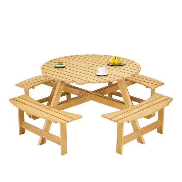 English Elm Outdoor 8 Person Round Picnic Table With 4 Benches, Umbrella Hole, Waterproof, Low Maintenance Set W2275P149764-GIGA