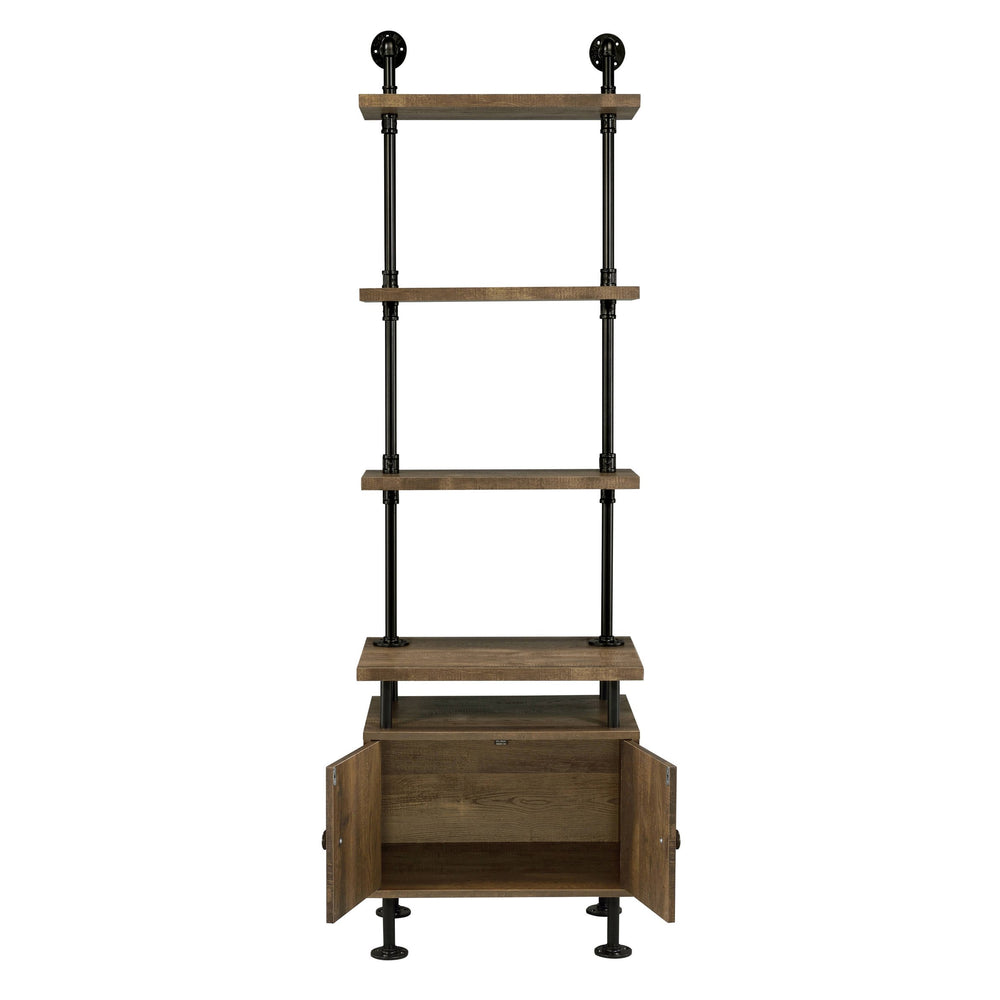 English Elm Rustic Rustic Oak And Black Side Pier with Water Pipe Metal Frame, 3-Tier Shelves, Cord Management and Two-Door Storage B062P184599