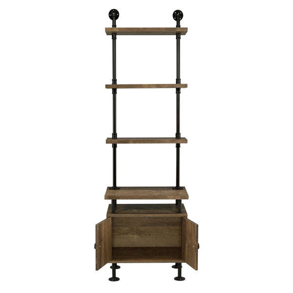 English Elm Rustic Rustic Oak And Black Side Pier with Water Pipe Metal Frame, 3-Tier Shelves, Cord Management and Two-Door Storage B062P184599