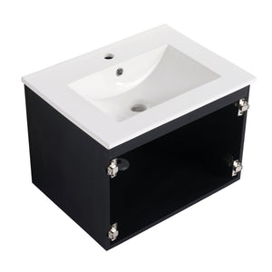 English Elm 24'' Floating Wall-Mounted Bathroom Vanity With Ceramic Sink, Soft-Close Cabinet & Modern Design W999S00170