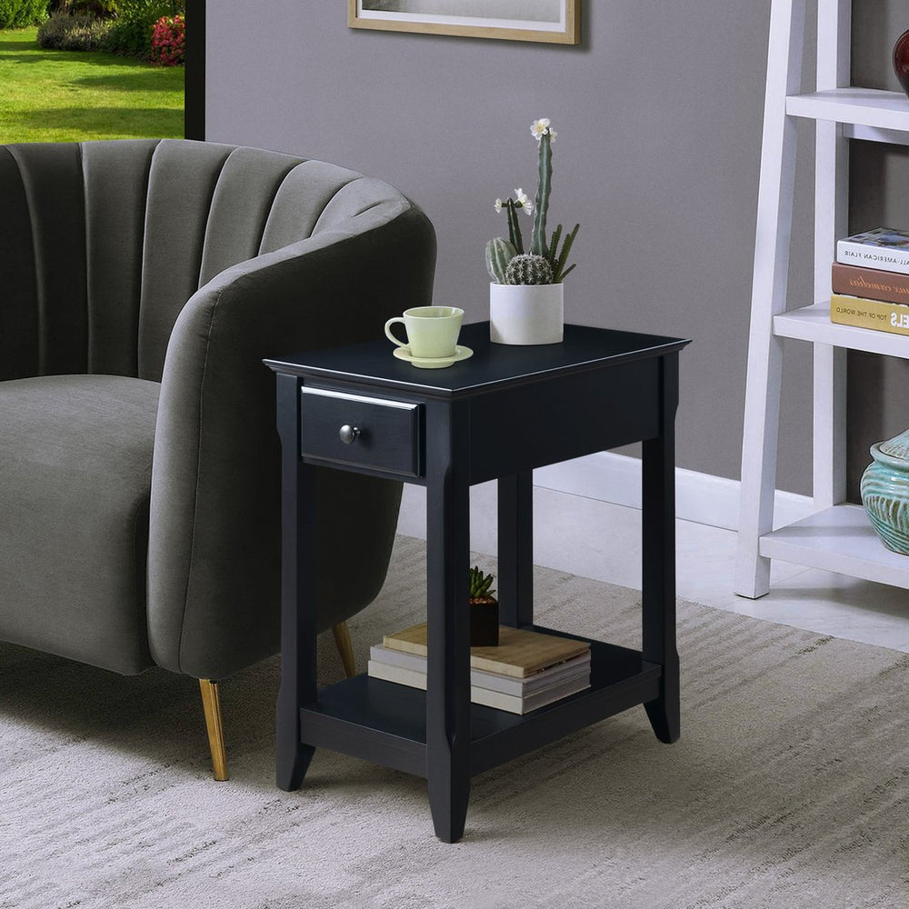 English Elm Black Accent Table with Drawer and Bottom Shelf, Solid Wood/MDF Nightstand with Bronze Handle for Small Spaces B062P181362