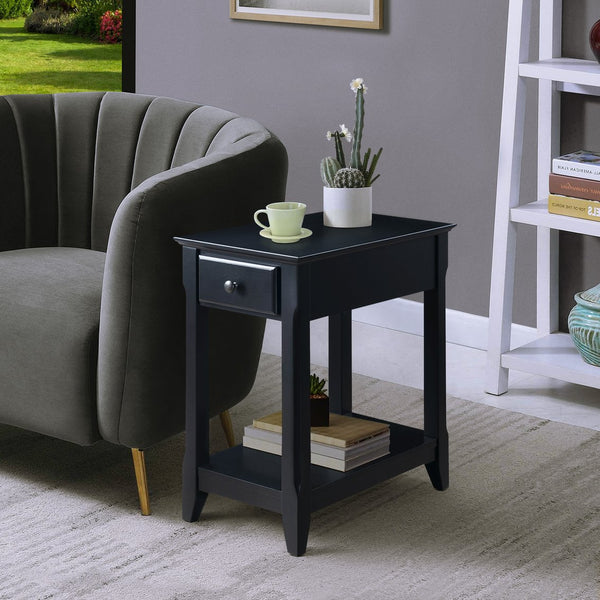 English Elm Black Accent Table with Drawer and Bottom Shelf, Solid Wood/MDF Nightstand with Bronze Handle for Small Spaces B062P181362