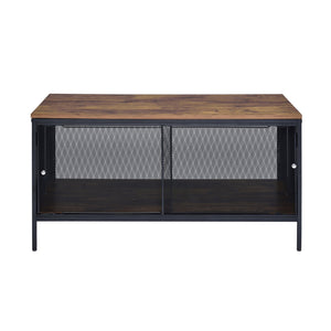 English Elm Antique Oak and Black Coffee Table with Metal Mesh Sliding Doors, Spacious Compartment Storage Centerpiece Black+Brown B062P181364