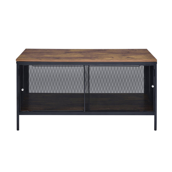 English Elm Antique Oak and Black Coffee Table with Metal Mesh Sliding Doors, Spacious Compartment Storage Centerpiece Black+Brown B062P181364