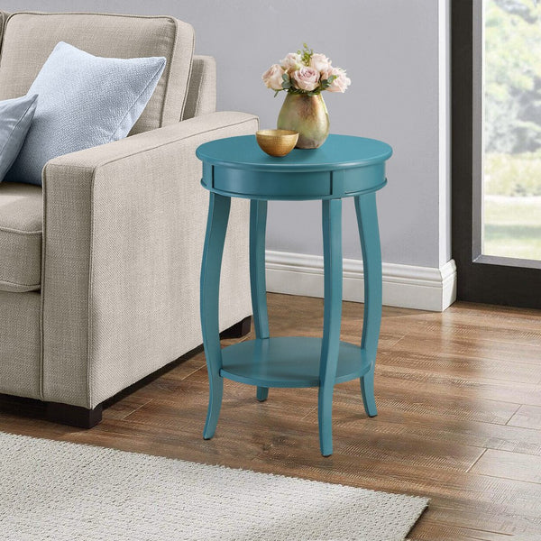 English Elm Teal Wooden Round Side Table with Bottom Shelf and Cabriole Legs — Stylish Storage Accent B062P181367