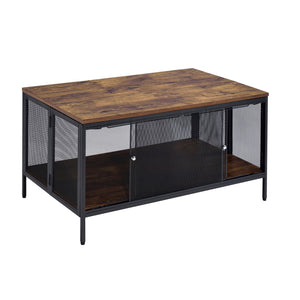 English Elm Antique Oak and Black Coffee Table with Metal Mesh Sliding Doors, Spacious Compartment Storage Centerpiece Black+Brown B062P181364