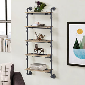 English Elm Oak 5-Tier Rustic-Industrial Wall Shelf With Sandy Black Metal Frame For Stylish Home Storage Solutions B062P184603
