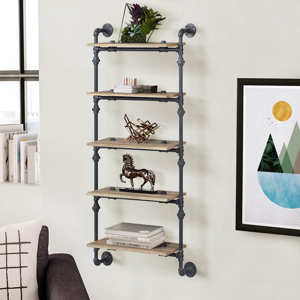 English Elm Oak 5-Tier Rustic-Industrial Wall Shelf With Sandy Black Metal Frame For Stylish Home Storage Solutions B062P184603