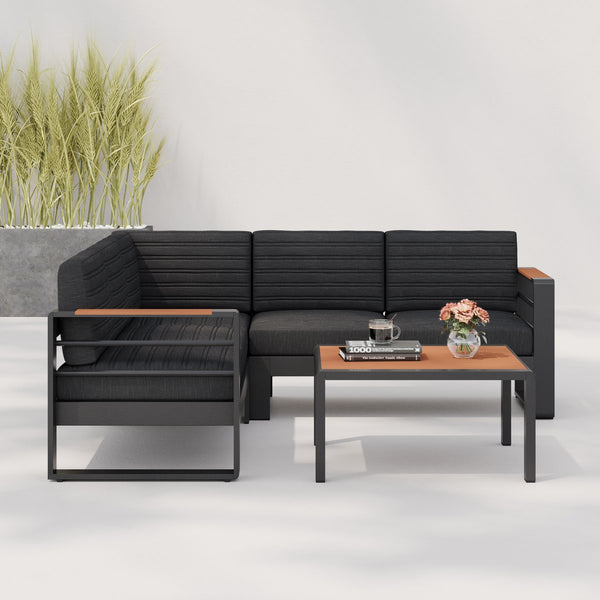English Elm Christopher Knight Home® - Giovanna Black Left-Arm Loveseat with Teak-Tone Armrest, Quilted Grey Cushions & Rustproof Aluminum Frame WF532454BLK