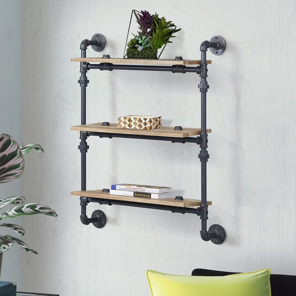 English Elm Oak 3-Tier Wall Shelf - Rustic Industrial Design In Oak-Tone And Sandy Black For Stylish Storage Solutions B062P184605