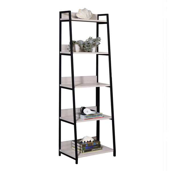 English Elm Natural leaning ladder bookshelf 67.5" tall, 5 open wooden shelves on sleek metal frame for modern decor display Natural+Black B062P184592