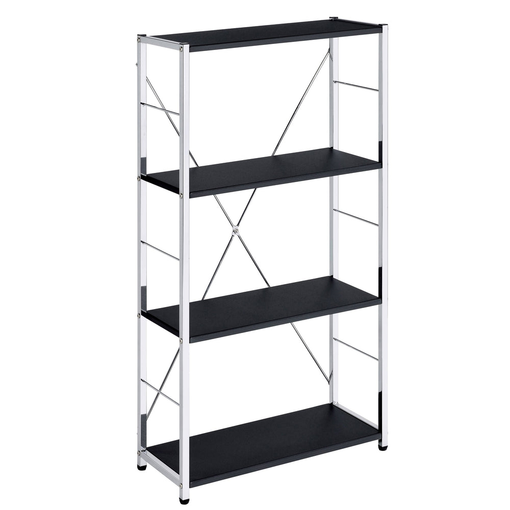 English Elm Black 4-Tier Rectangular Bookshelf with Chrome Frame and X-Shaped Support — Modern Space-Saving Display B062P184593