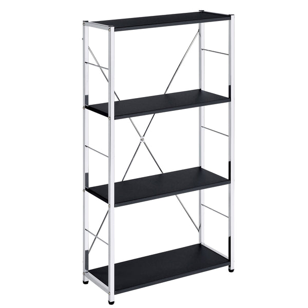 English Elm Black 4-Tier Rectangular Bookshelf with Chrome Frame and X-Shaped Support — Modern Space-Saving Display B062P184593