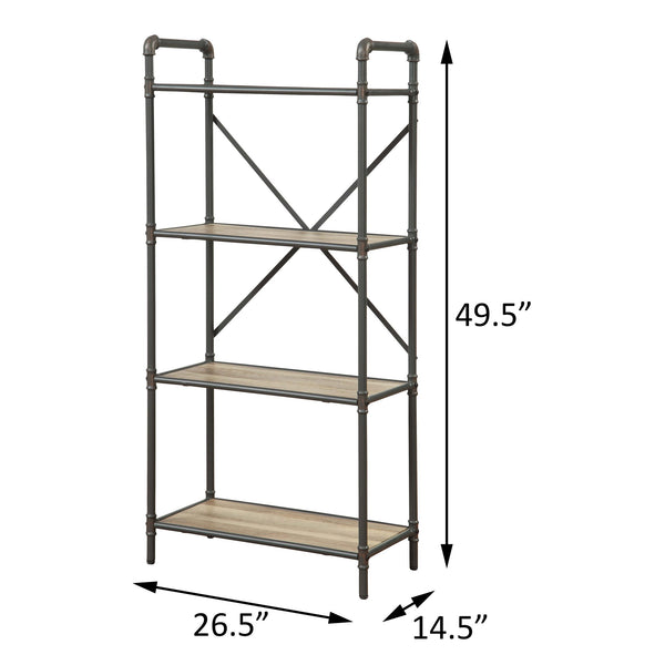 English Elm Antique 4-Tier Bookcase In Oak & Sandy Grey - Elegant Metal Frame For Stylish Home Organization B062P184589