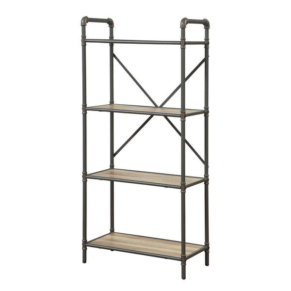English Elm Antique 4-Tier Bookcase In Oak & Sandy Grey - Elegant Metal Frame For Stylish Home Organization B062P184589