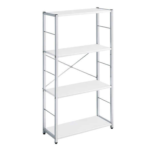 English Elm White White and Chrome 4-Tier Rectangular Bookshelf with X-Frame Chrome Accents, Modern Storage Solution B062P184591