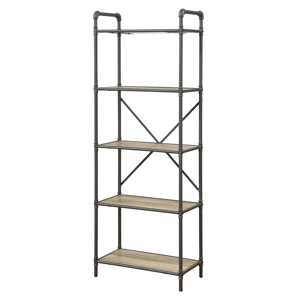 English Elm Antique 5-Tier Bookcase With Vintage Oak & Sandy Grey Finish - Stylish Storage For Home Décor B062P184588
