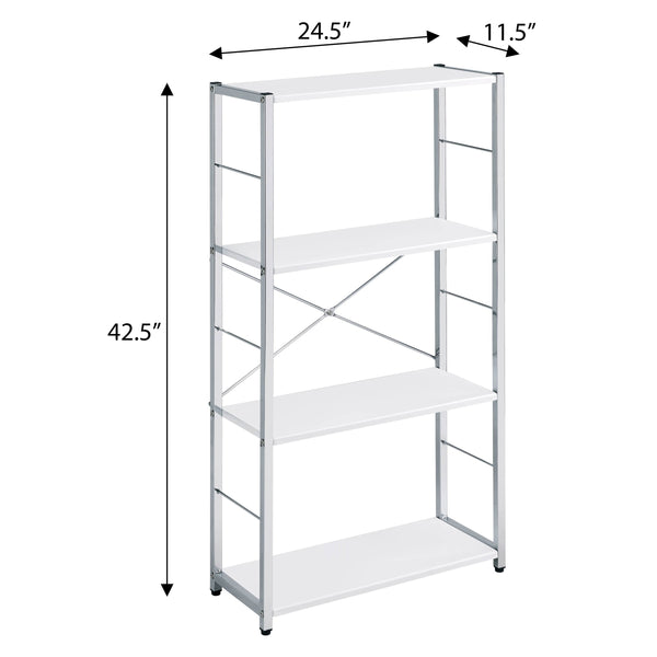 English Elm White White and Chrome 4-Tier Rectangular Bookshelf with X-Frame Chrome Accents, Modern Storage Solution B062P184591