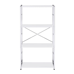 English Elm White White and Chrome 4-Tier Rectangular Bookshelf with X-Frame Chrome Accents, Modern Storage Solution B062P184591