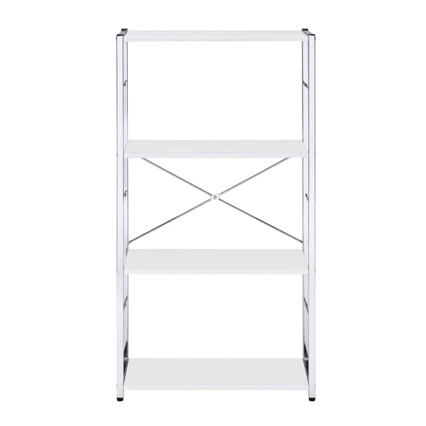English Elm White White and Chrome 4-Tier Rectangular Bookshelf with X-Frame Chrome Accents, Modern Storage Solution B062P184591