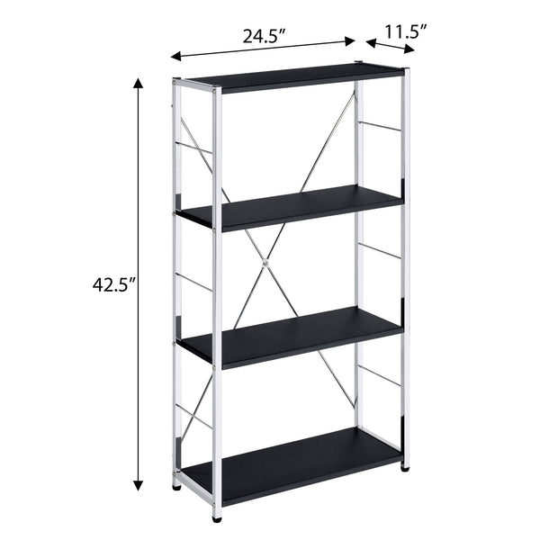 English Elm Black 4-Tier Rectangular Bookshelf with Chrome Frame and X-Shaped Support — Modern Space-Saving Display B062P184593