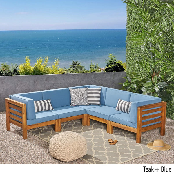 English Elm Oana Modular Outdoor Sectional Sofa Set Solid Acacia Wood Five Seat Patio Corner 64497-98-99.00-64495.00BLU