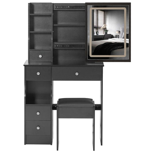 English Elm 29.2" Compact Left Drawer Vanity Table With Cushioned Stool, Touch Control Led Mirror & Storage Solution W936P202449