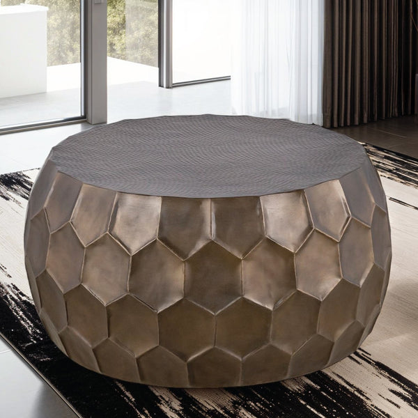 English Elm CT101 Hand-Hammered Round Coffee Table 32" — Hexagonal Patterned Surface, Modern Farmhouse Focal Point Gold G150108438
