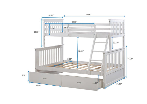 English Elm Twin Over Full Bunk Bed With Under-Bed Storage Drawers, Safe Wooden Design For Kids' Rooms – White K495S00005-GIGA