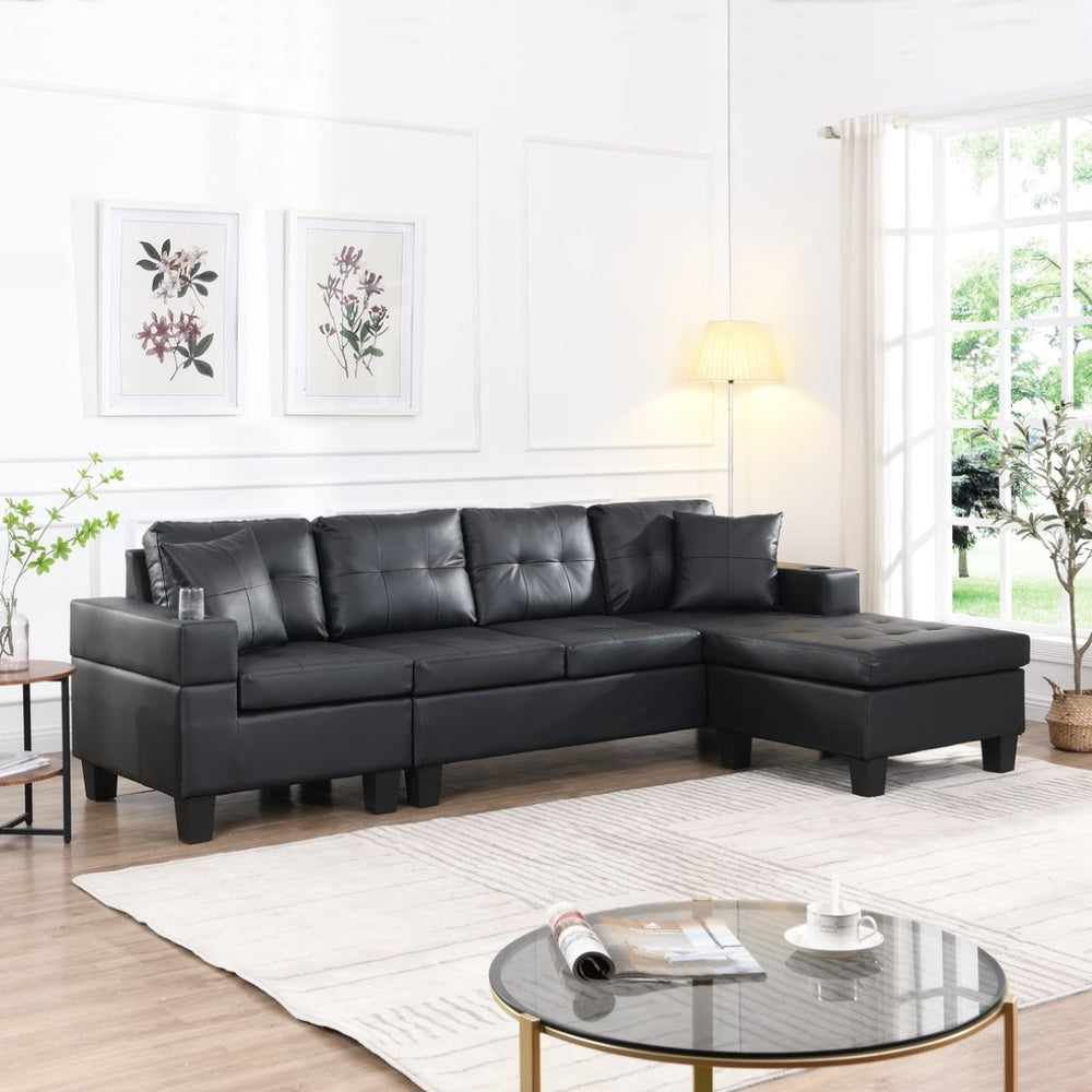 English Elm Sectional Faux Leather L Shape Sofa with Reversible Chaise and Built in Cup Holder K311S00017