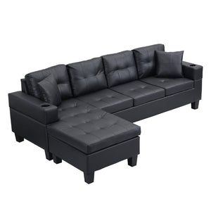 English Elm Sectional Faux Leather L Shape Sofa with Reversible Chaise and Built in Cup Holder K311S00017