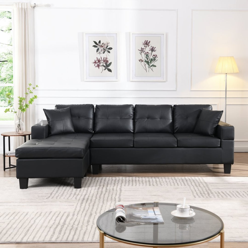 English Elm Sectional Faux Leather L Shape Sofa with Reversible Chaise and Built in Cup Holder K311S00017