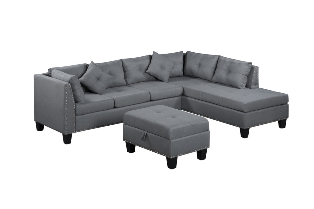English Elm 104.5" Gray Upholstered Sectional Sofa with Chaise and Storage Ottoman Set K311S00012