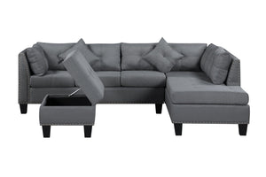English Elm 104.5" Gray Upholstered Sectional Sofa with Chaise and Storage Ottoman Set K311S00012