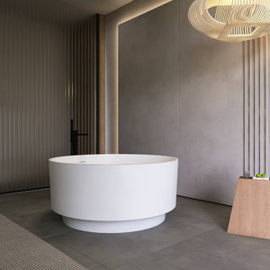 English Elm 49 Inch Round Freestanding Soaking Tub Solid Surface Matte White Spa Bathroom W1613P378214