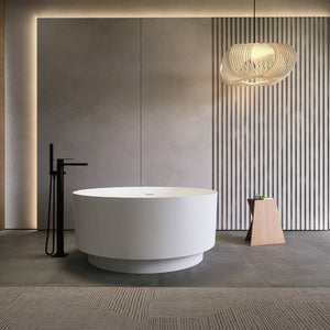 English Elm 49 Inch Round Freestanding Soaking Tub Solid Surface Matte White Spa Bathroom W1613P378214