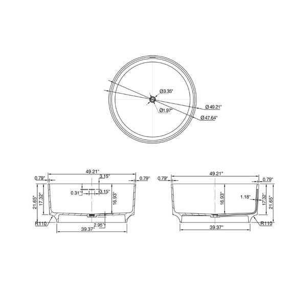 English Elm 49 Inch Round Freestanding Soaking Tub Solid Surface Matte White Spa Bathroom W1613P378214