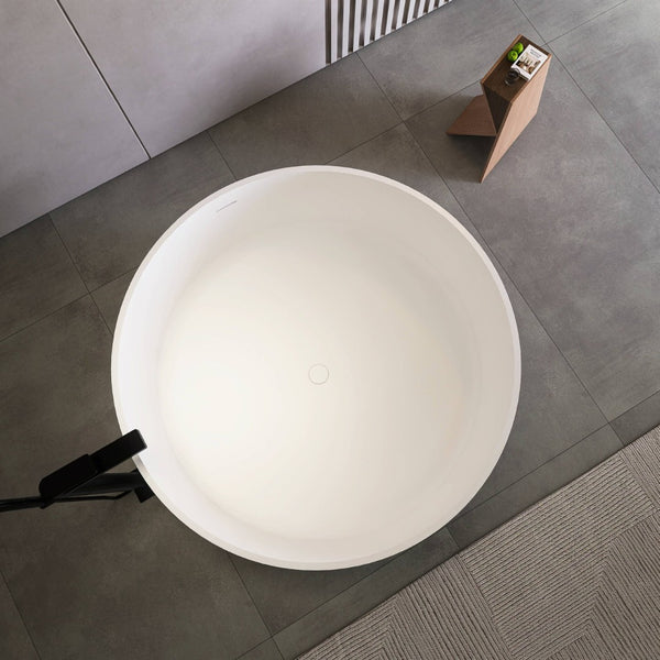 English Elm 49 Inch Round Freestanding Soaking Tub Solid Surface Matte White Spa Bathroom W1613P378214
