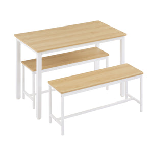 English Elm Dining Table Set with Stowable Benches, Industrial Chipboard & Steel Counter Height, Waterproof Durable Finish White+Natural W1668P186640