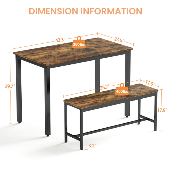 English Elm Dining Bar Table Set with 2 Benches, Rustic Brown & Black Industrial Kitchen Counter, Stable Adjustable Feet, Waterproof Surface, 43.3"L x 23.6"W x 29.9"H W1668P143137