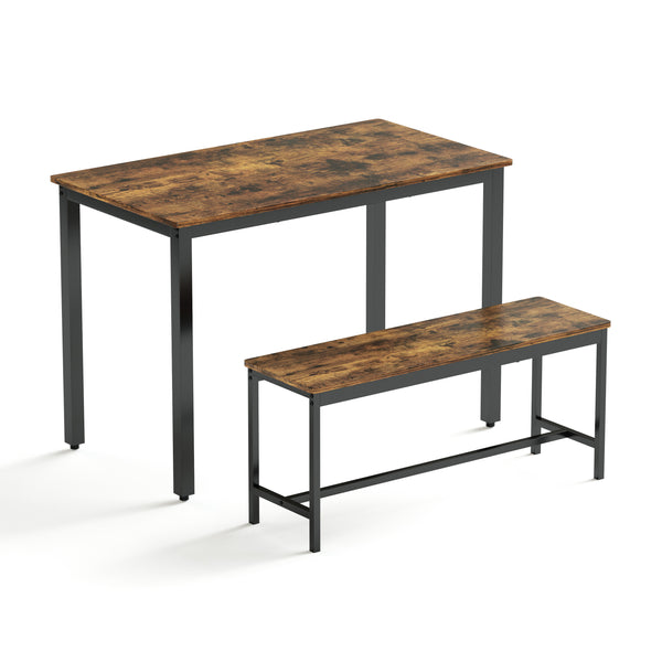 English Elm Dining Bar Table Set with 2 Benches, Rustic Brown & Black Industrial Kitchen Counter, Stable Adjustable Feet, Waterproof Surface, 43.3"L x 23.6"W x 29.9"H W1668P143137