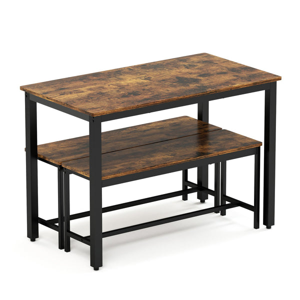 English Elm Dining Bar Table Set with 2 Benches, Rustic Brown & Black Industrial Kitchen Counter, Stable Adjustable Feet, Waterproof Surface, 43.3"L x 23.6"W x 29.9"H W1668P143137