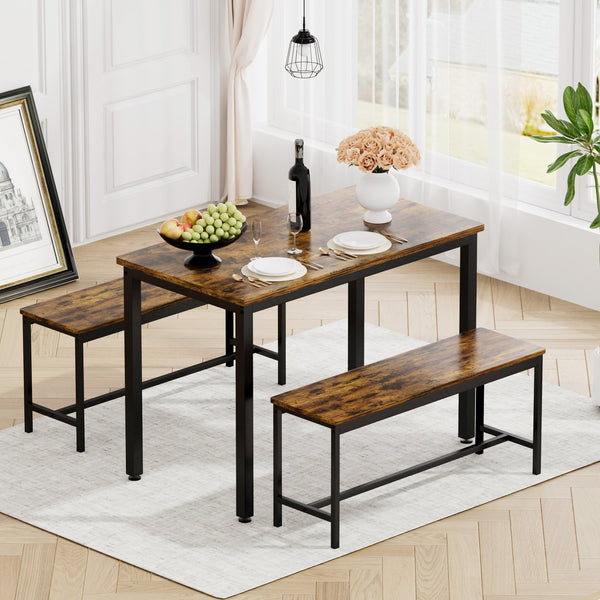 English Elm Dining Bar Table Set with 2 Benches, Rustic Brown & Black Industrial Kitchen Counter, Stable Adjustable Feet, Waterproof Surface, 43.3"L x 23.6"W x 29.9"H W1668P143137