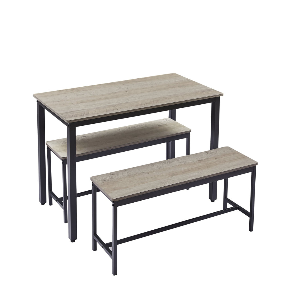 English Elm Dining Table Set Industrial 3-Piece with Stowable Benches, Waterproof Grey Chipboard Top, 43.3" x 23.6" W1668103941