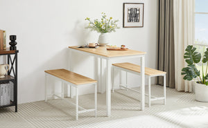 English Elm Dining Table Set with Stowable Benches, Industrial Chipboard & Steel Counter Height, Waterproof Durable Finish White+Natural W1668P186640
