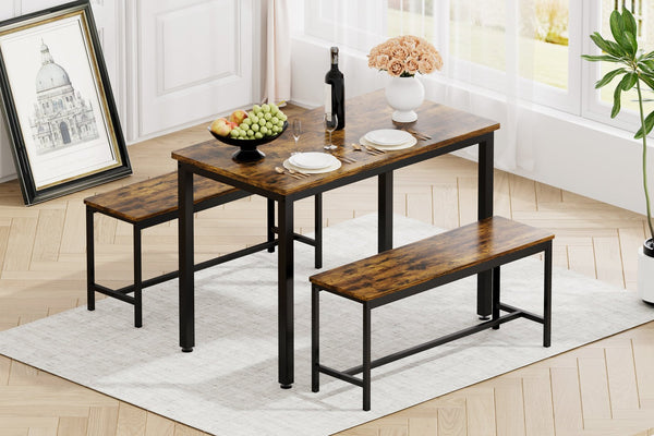 English Elm Dining Bar Table Set with 2 Benches, Rustic Brown & Black Industrial Kitchen Counter, Stable Adjustable Feet, Waterproof Surface, 43.3"L x 23.6"W x 29.9"H W1668P143137