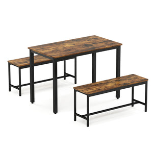 English Elm Dining Bar Table Set with 2 Benches, Rustic Brown & Black Industrial Kitchen Counter, Stable Adjustable Feet, Waterproof Surface, 43.3"L x 23.6"W x 29.9"H W1668P143137